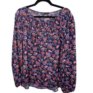 Gibson, Size 2X, Navy Floral Paisley Blouse, Red & Purple Print, Boho, Relaxed